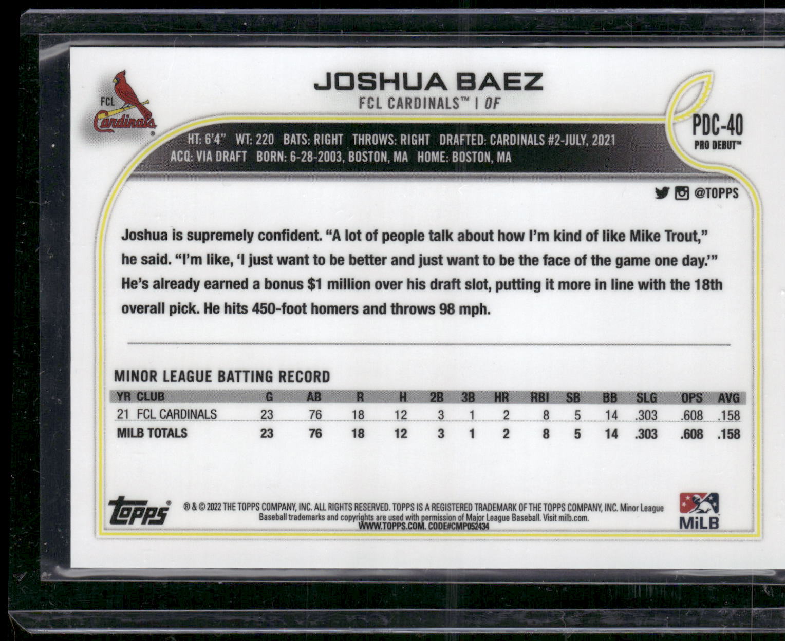 2022 Topps Pro Debut #PDC-40 Joshua Baez Chrome