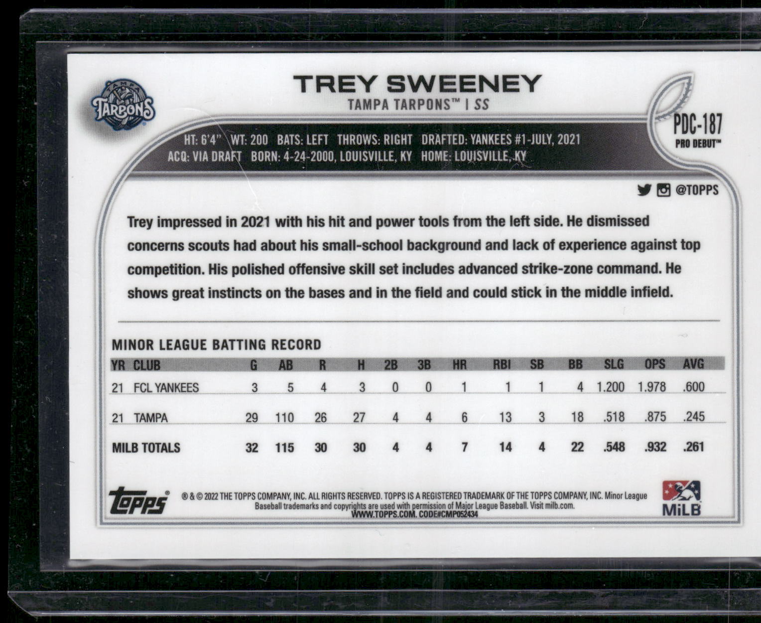 2022 Topps Pro Debut #PDC-187 Trey Sweeney Chrome