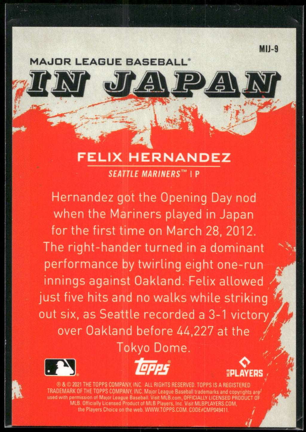 2021 Topps Japan Edition #MIJ-9 Felix Hernandez MLB in Japan