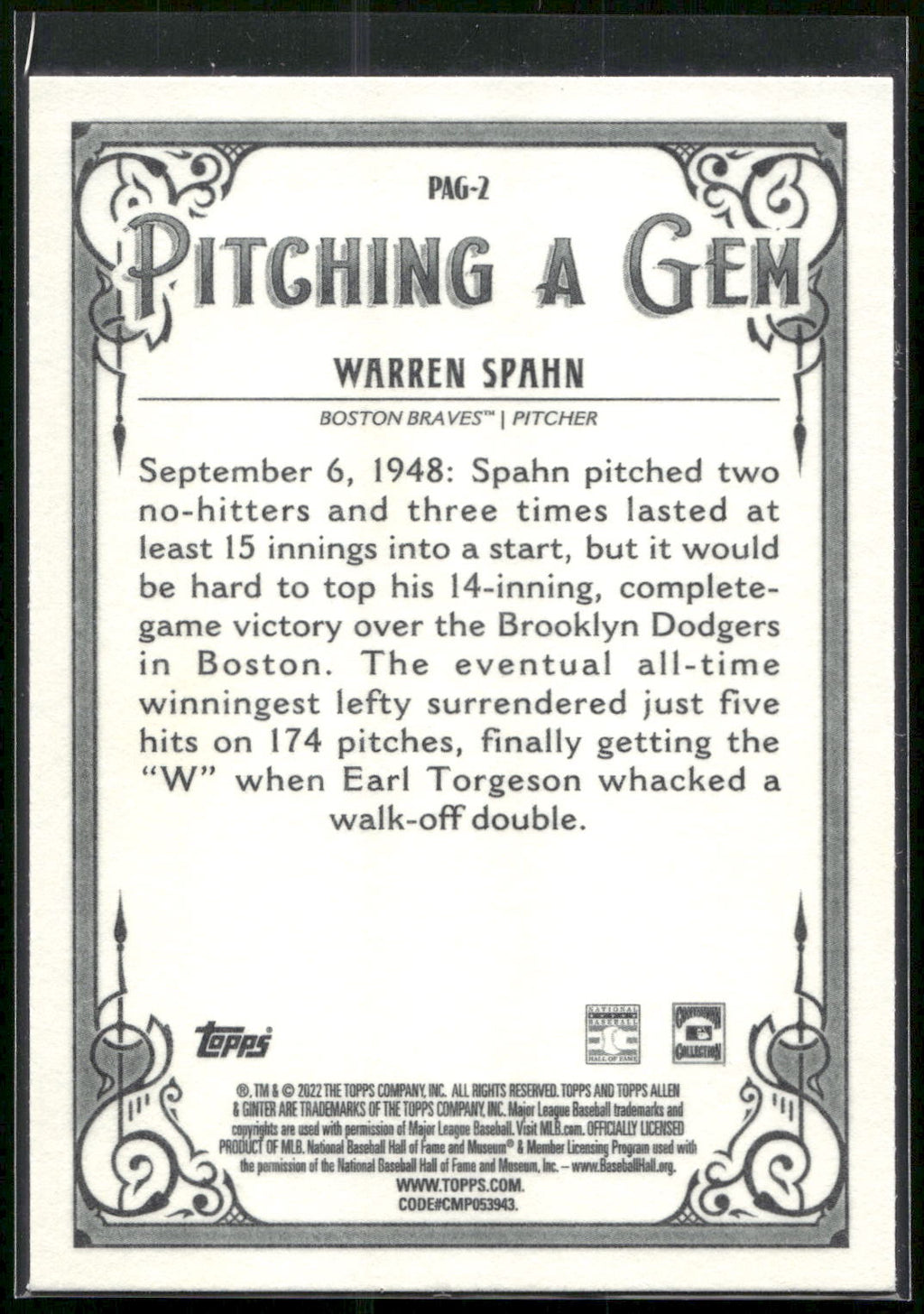 2022 Topps Allen & Ginter #PAG-2 Warren Spahn Pitching a Gem