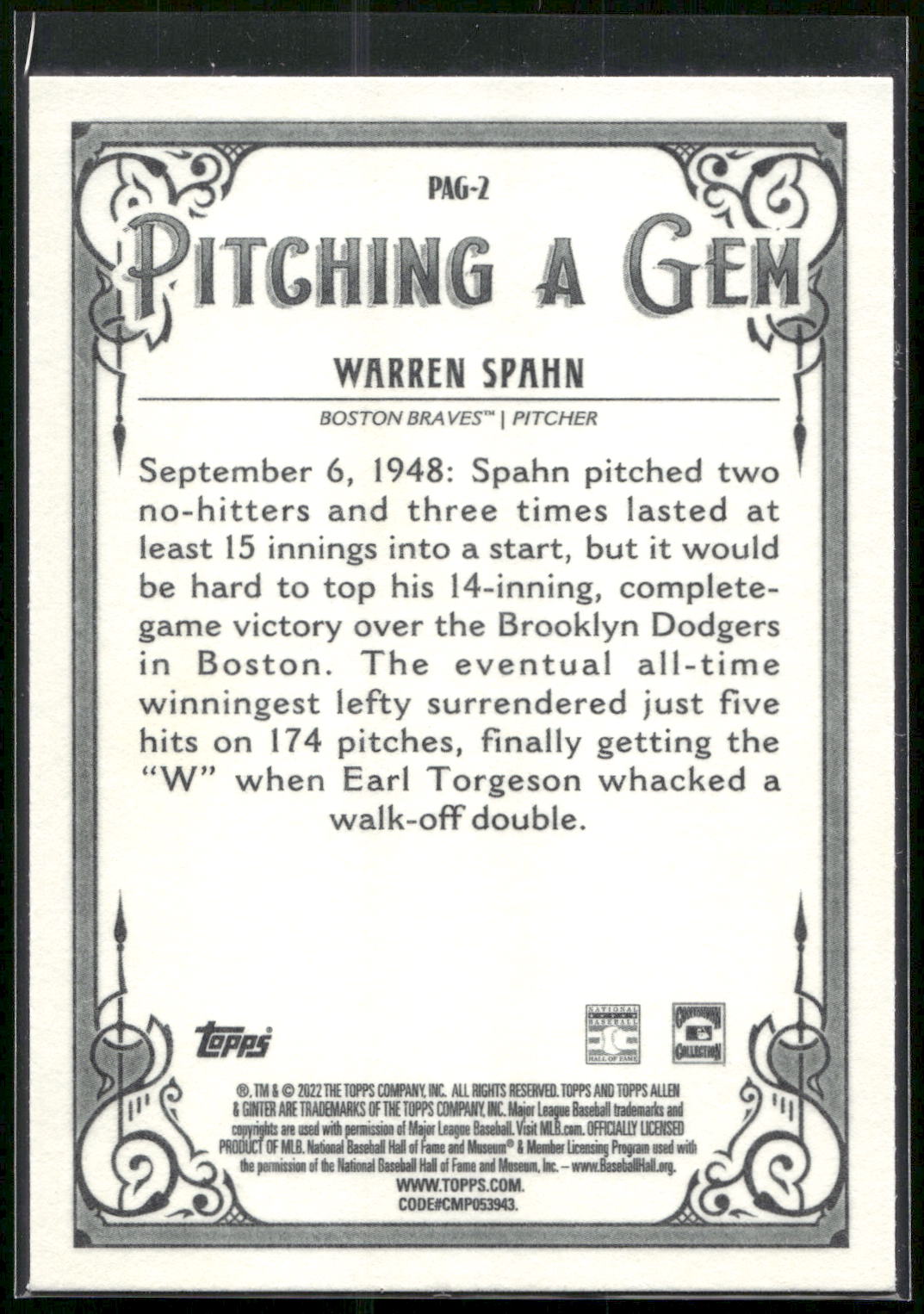 2022 Topps Allen & Ginter #PAG-2 Warren Spahn Pitching a Gem