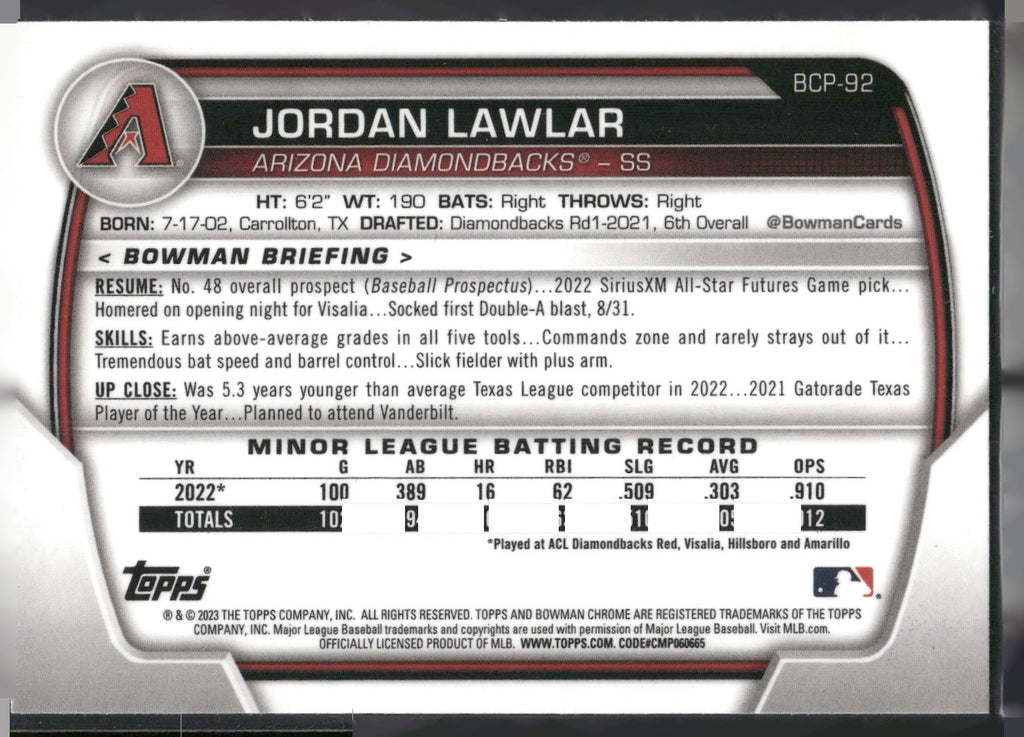 2023 Bowman #BCP-92 Jordan Lawlar Chrome Prospects