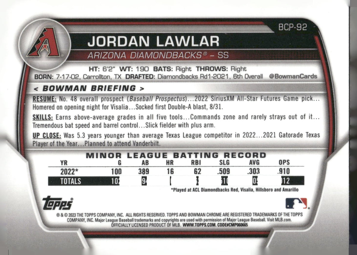 2023 Bowman #BCP-92 Jordan Lawlar Chrome Prospects
