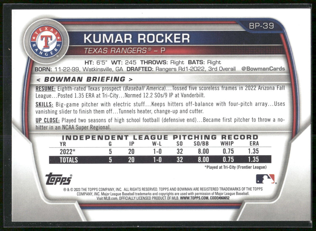 2023 Bowman #BP-39 Kumar Rocker Prospects