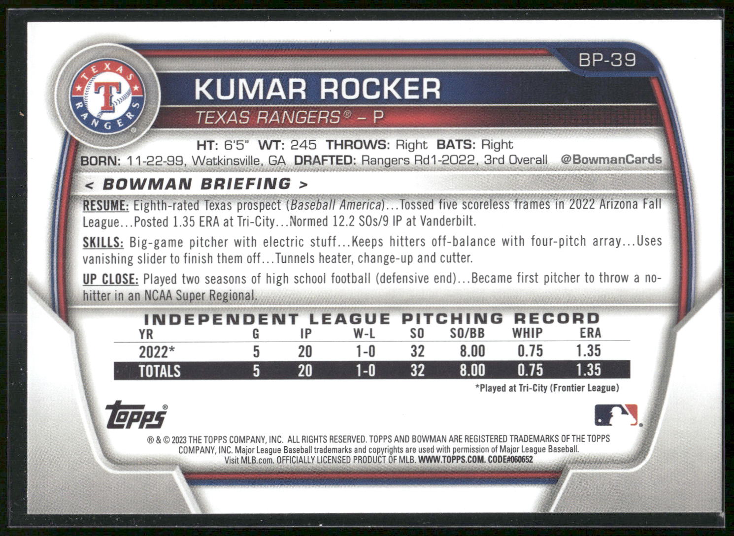 2023 Bowman #BP-39 Kumar Rocker Prospects
