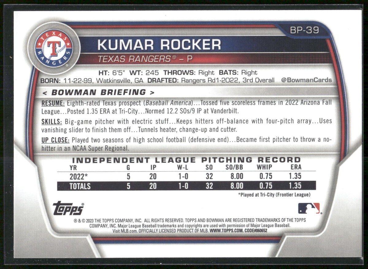 2023 Bowman #BP-39 Kumar Rocker Prospects