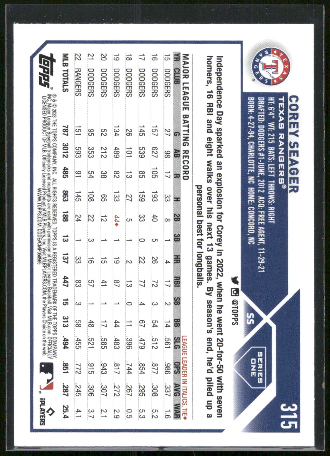2023 Topps #315 Corey Seager