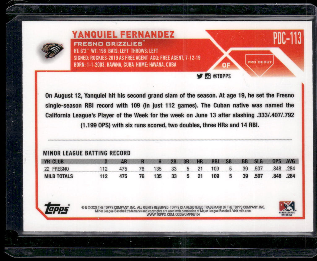 2023 Topps Pro Debut #PDC-113 Yanquiel Fernandez Chrome