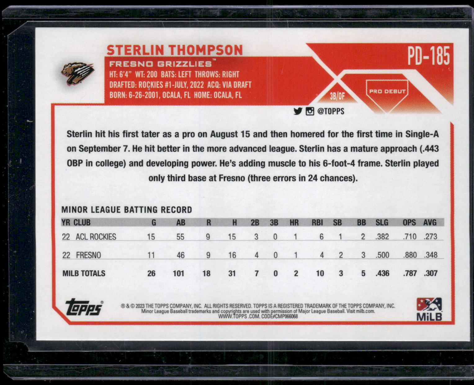 2023 Topps Pro Debut #PD-185 Sterlin Thompson