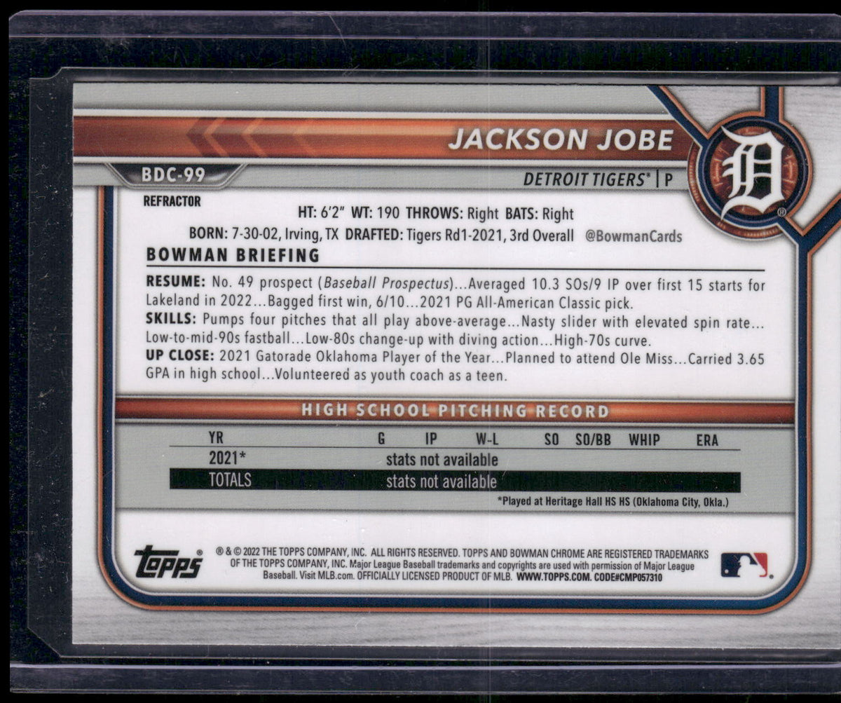 2022 Bowman Draft #BDC-99 Jackson Jobe Chrome Refractor