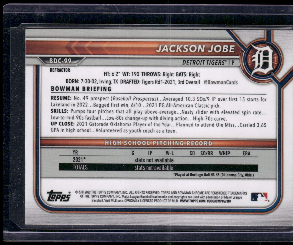2022 Bowman Draft #BDC-99 Jackson Jobe Chrome Refractor