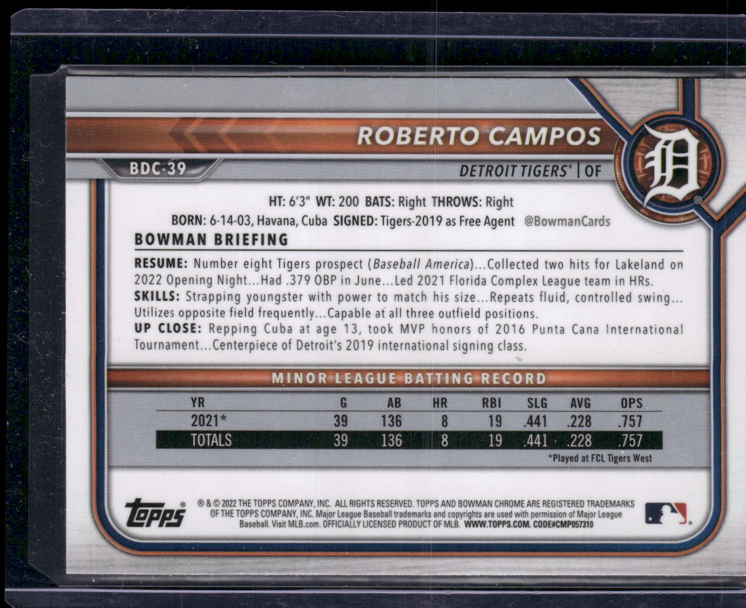 2022 Bowman Draft 1st Edition #BD-39 Roberto Campos Sky Blue
