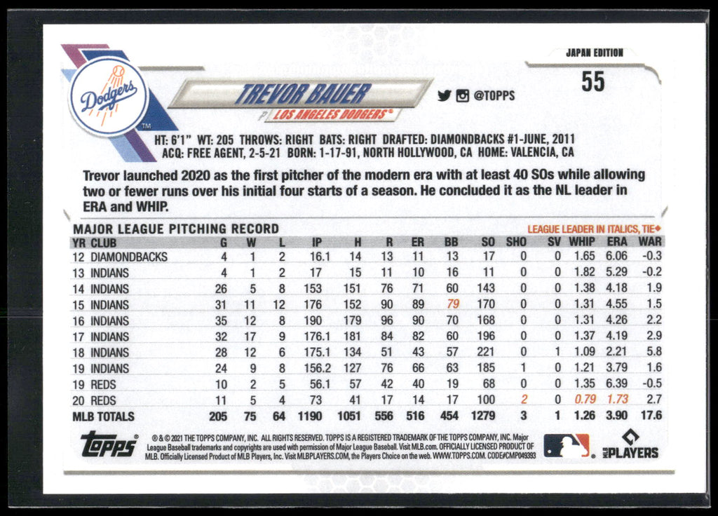 2021 Topps Japan Edition #55 Trevor Bauer