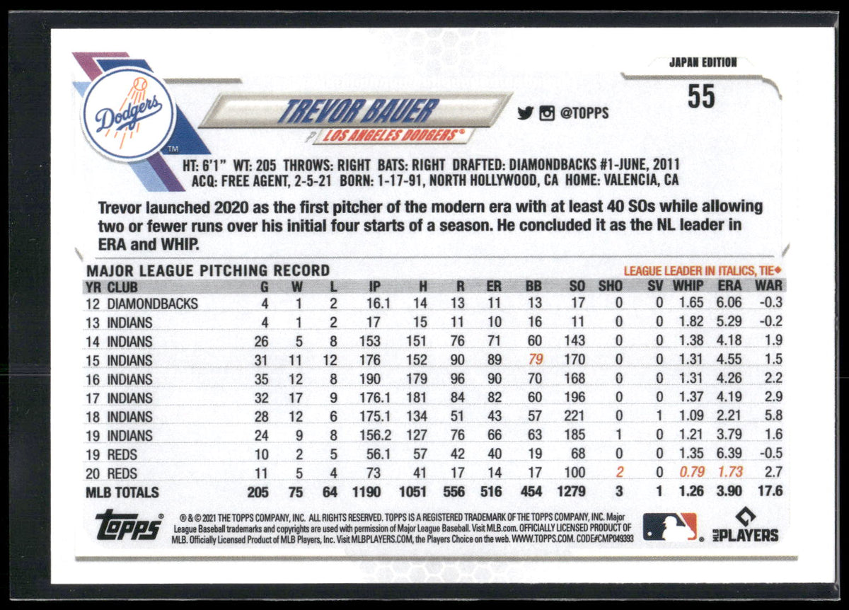 2021 Topps Japan Edition #55 Trevor Bauer