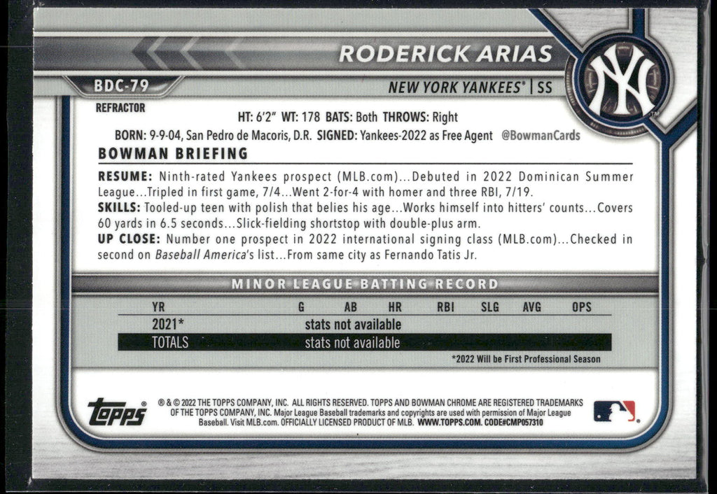 2022 Bowman Draft #BDC-79a Roderick Arias Chrome Refractor