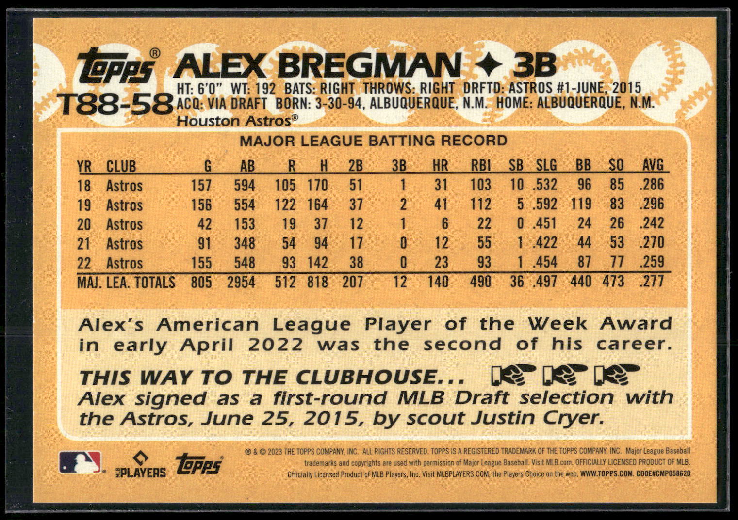 2023 Topps #T88-58 Alex Bregman 1988 Topps Baseball 35th Anniversary