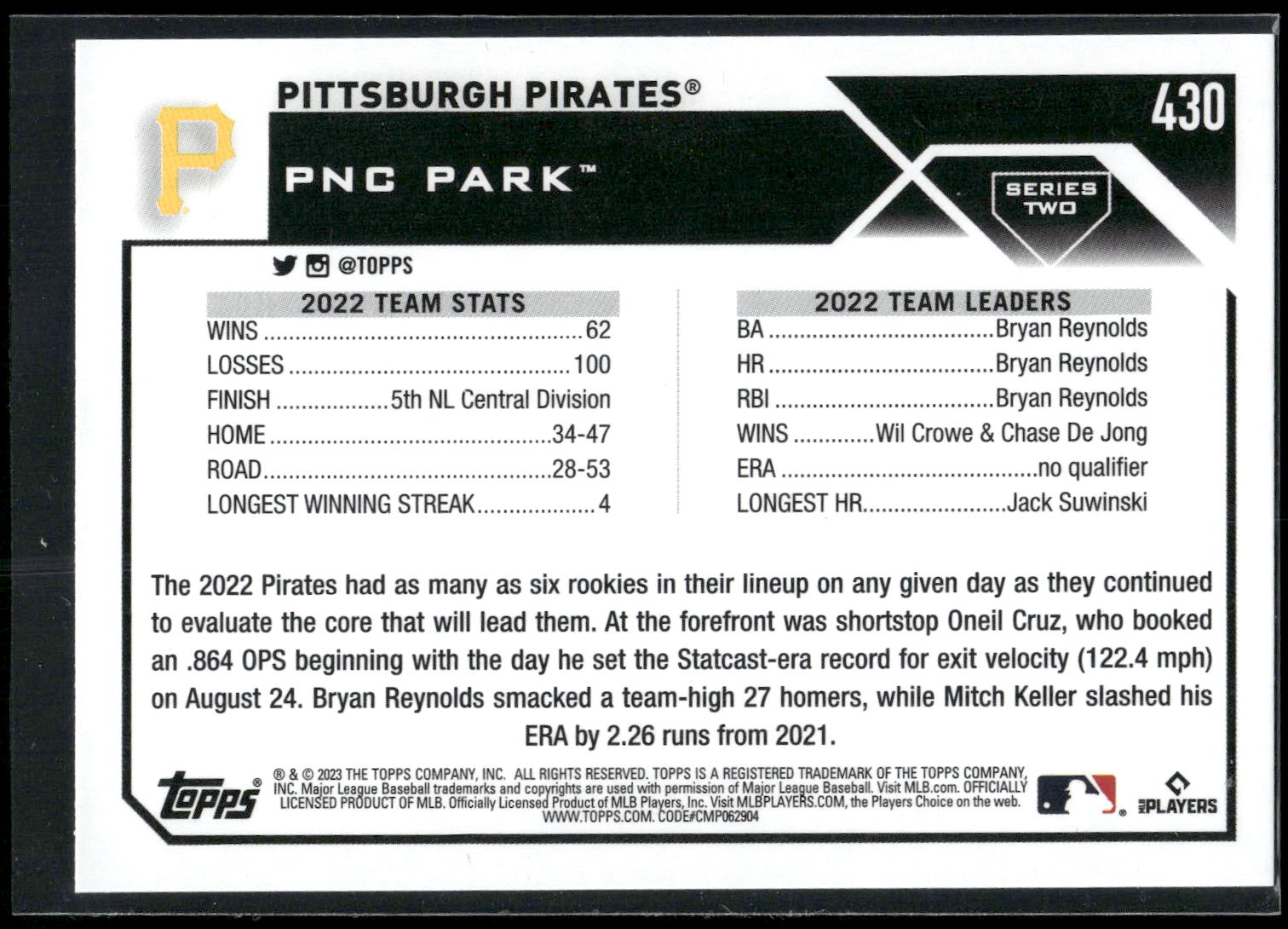 2023 Topps #430 Pittsburgh Pirates Rainbow Foil