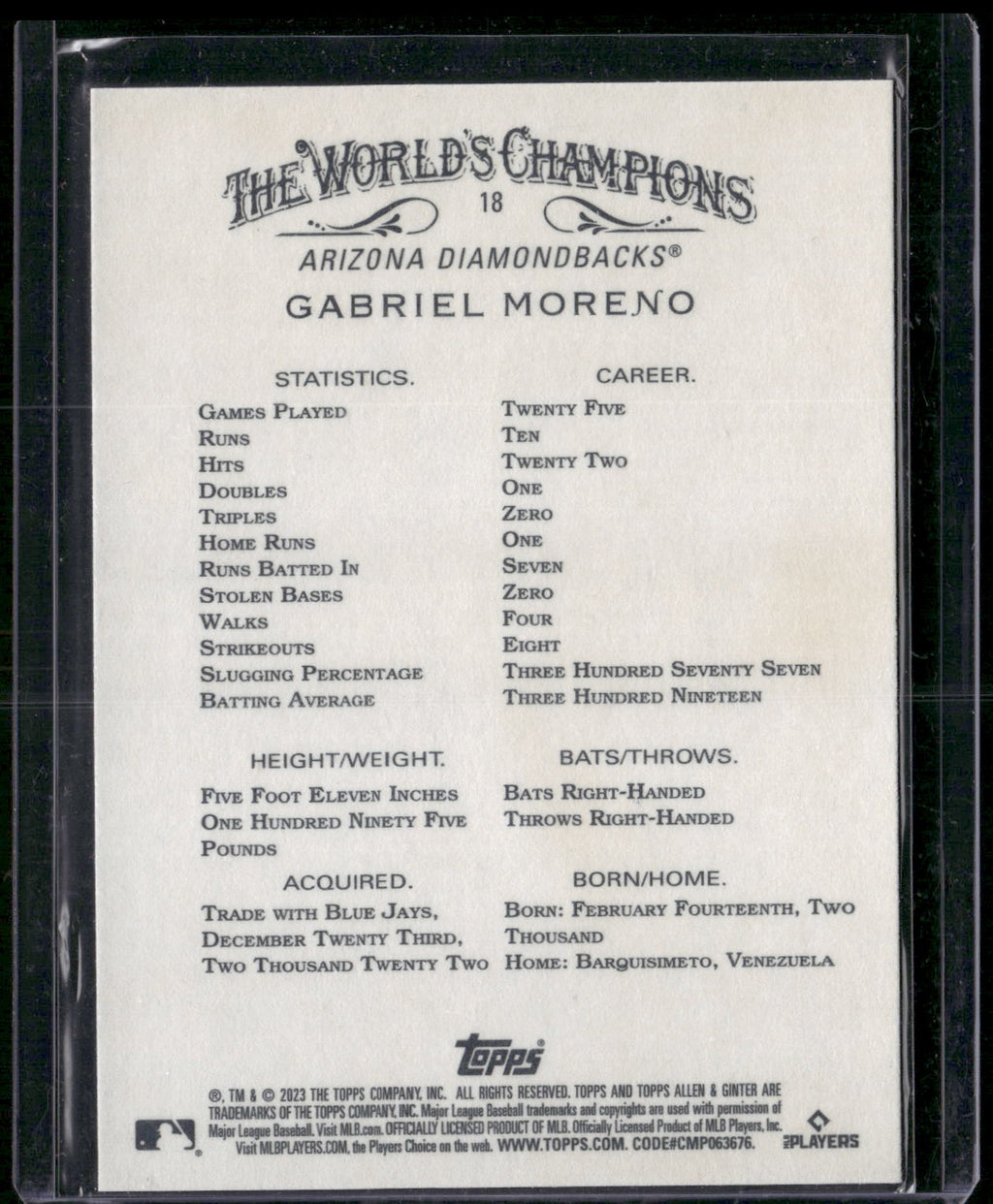 2023 Topps Allen & Ginter #18 Gabriel Moreno