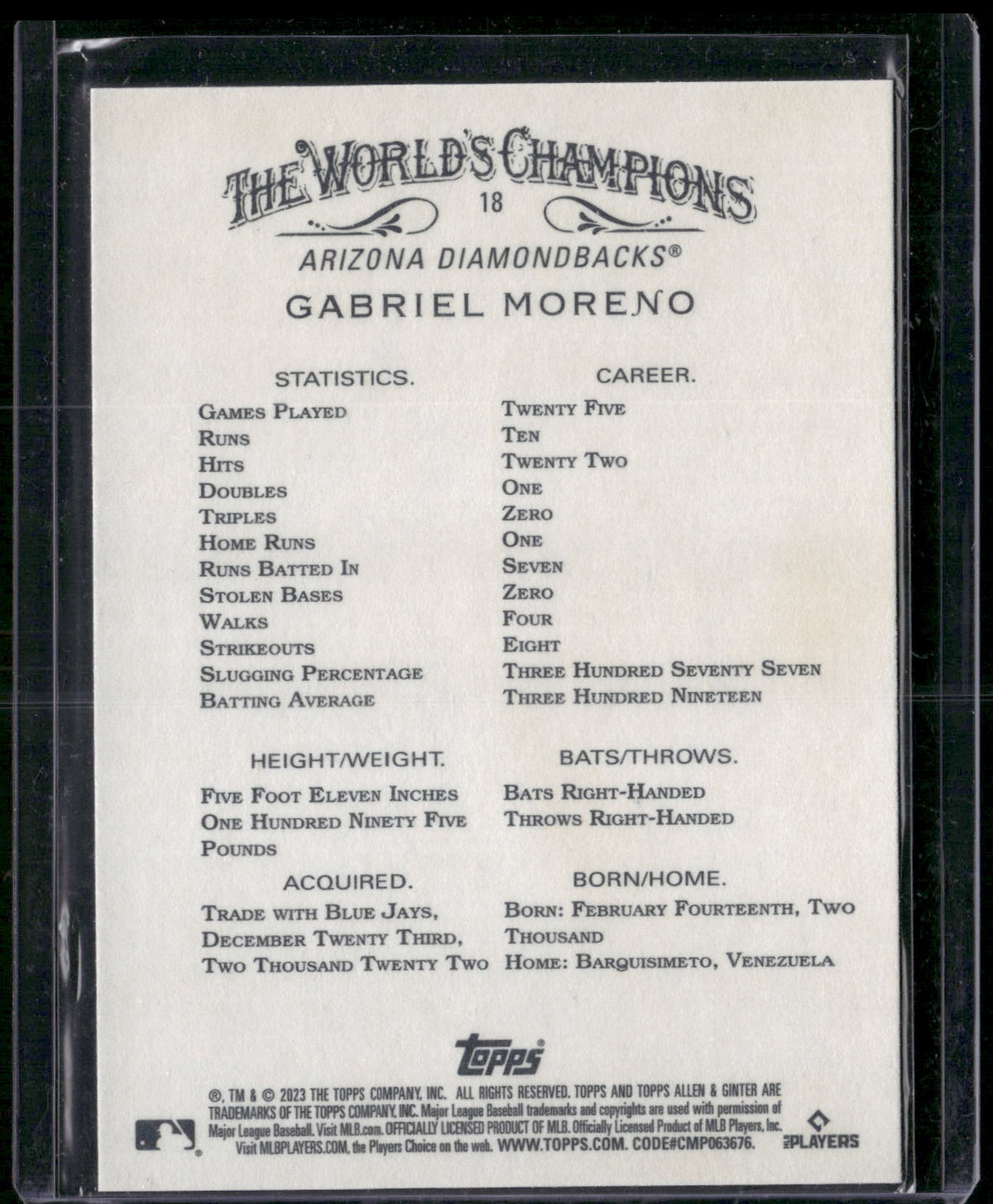 2023 Topps Allen & Ginter #18 Gabriel Moreno