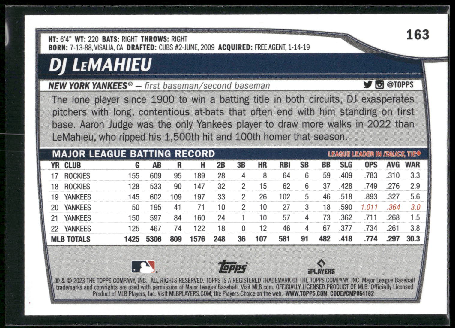 2023 Topps Big League #163 DJ LeMahieu