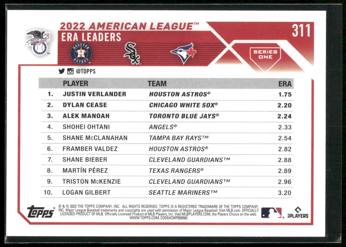 2023 Topps #311 AL ERA Leaders (Justin Verlander / Dylan Cease / Alek Manoah)