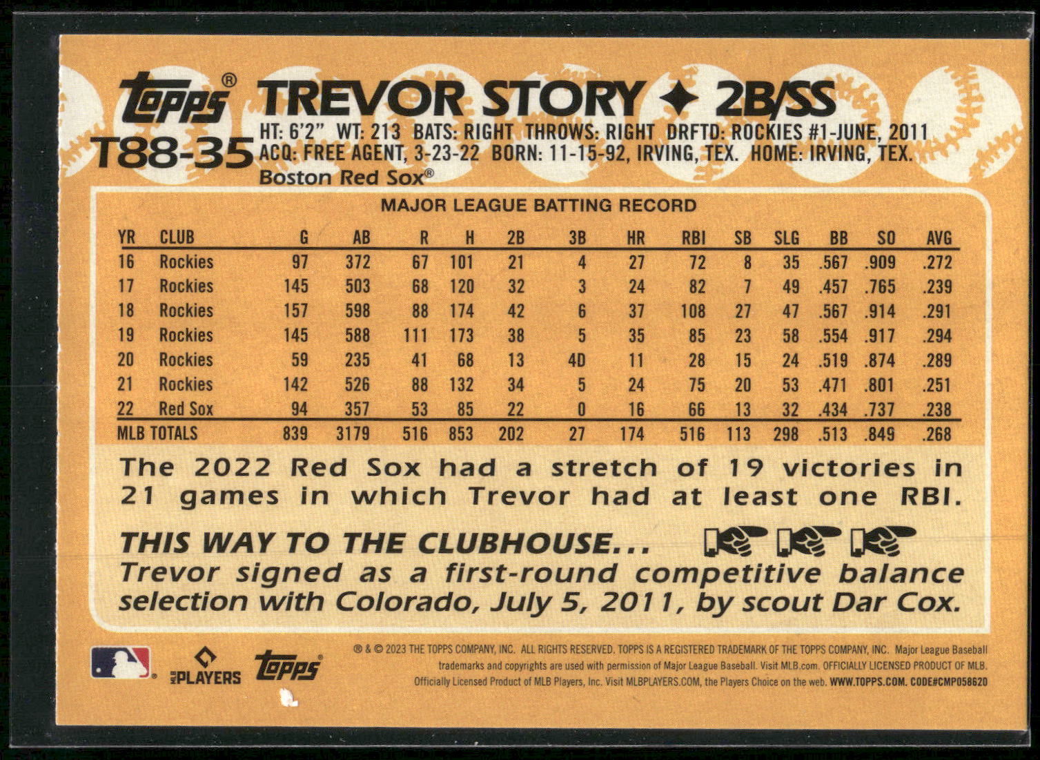 2023 Topps #T88-35 Trevor Story 1988 Topps Baseball 35th Anniversary