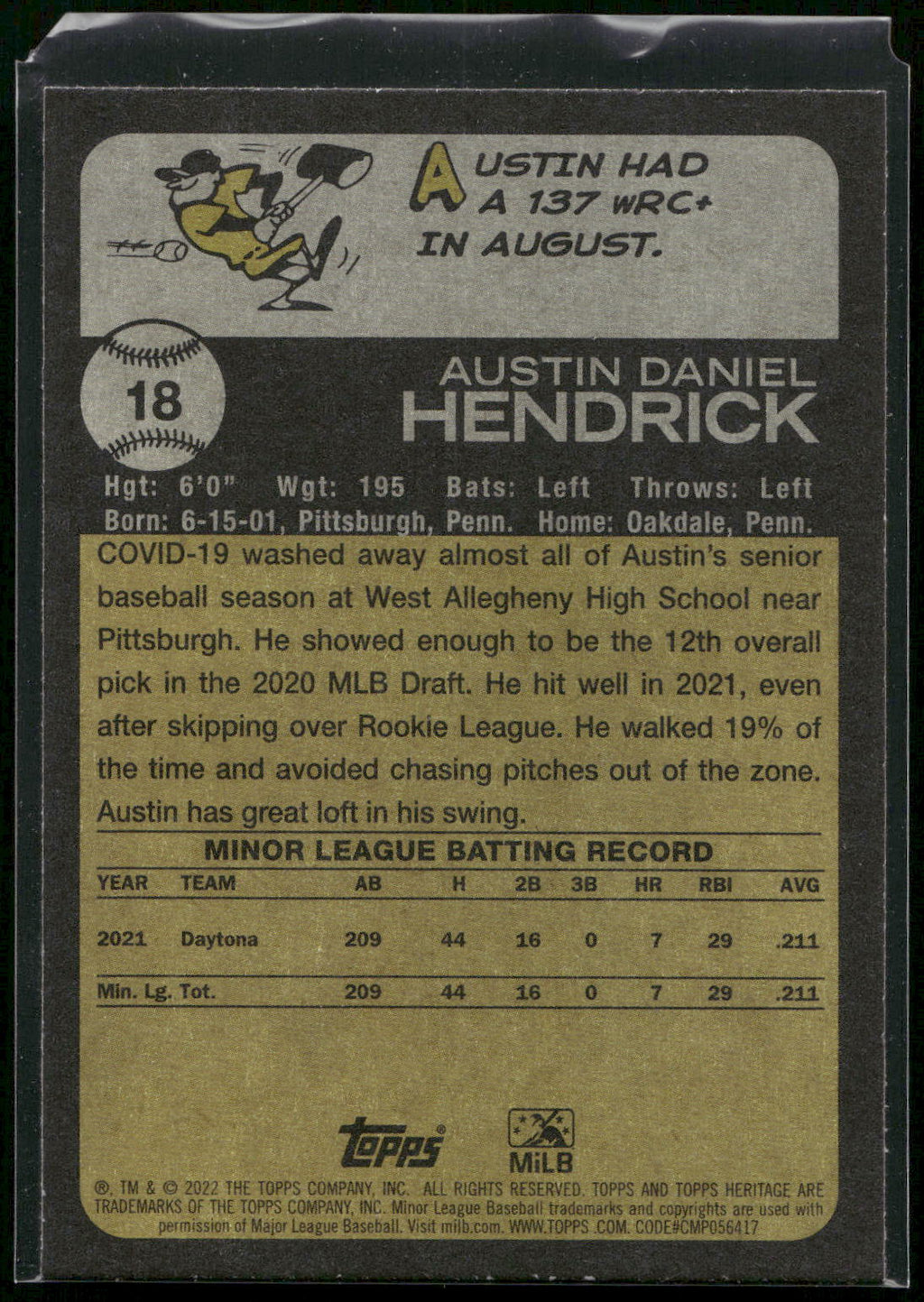 2022 Topps Heritage Minor League #18 Austin Hendrick