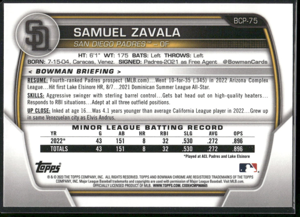 2023 Bowman #BCP-75 Samuel Zavala Chrome Prospects