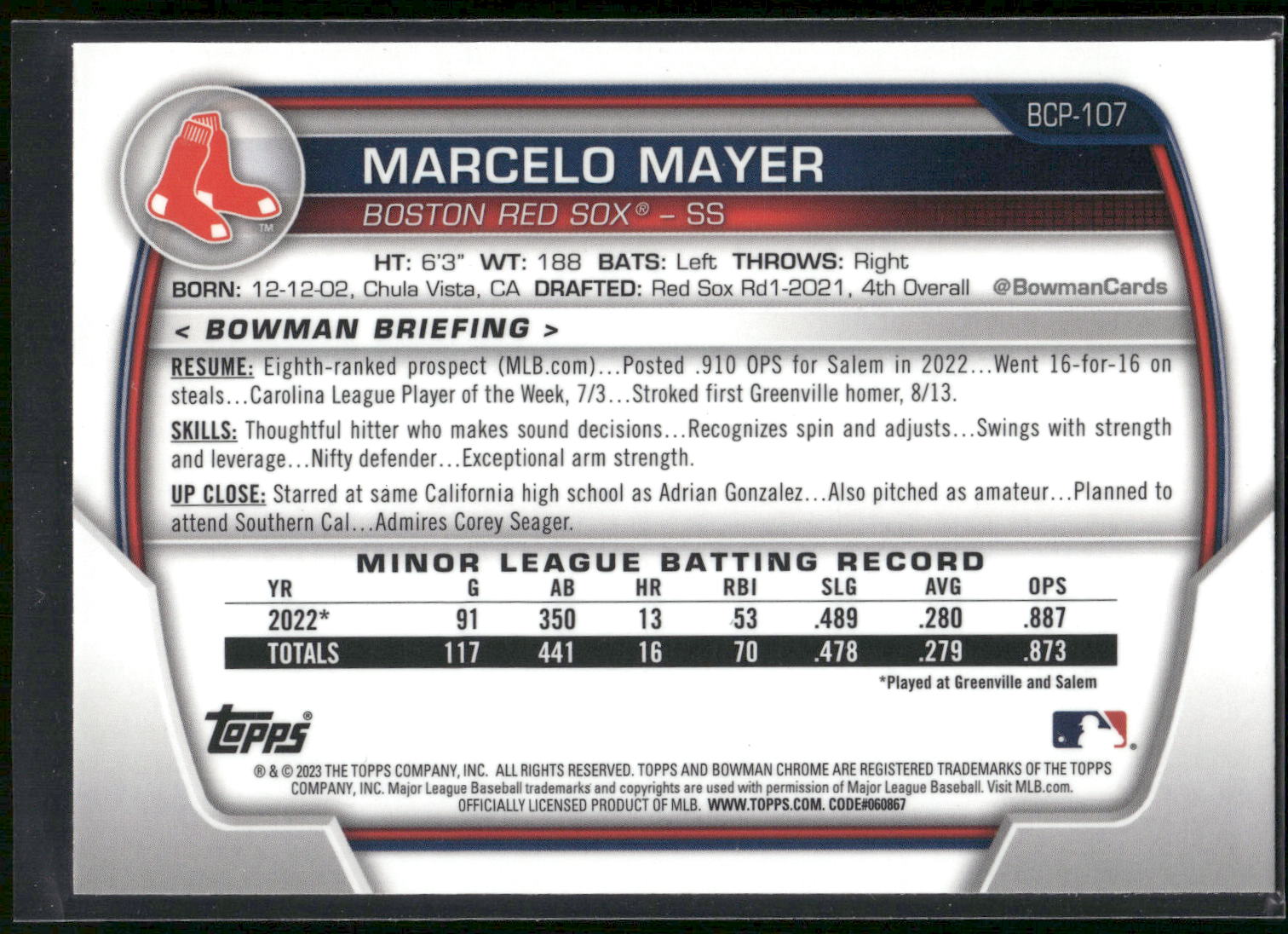 2023 Bowman #BCP-107 Marcelo Mayer Chrome Prospects Mojo Refractors