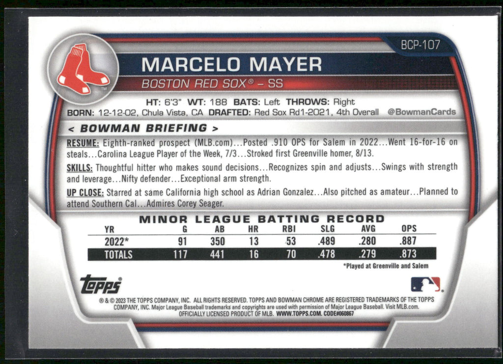 2023 Bowman #BCP-107 Marcelo Mayer Chrome Prospects Mojo Refractors