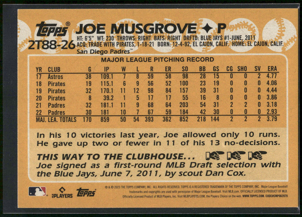 2023 Topps #2T88-26 Joe Musgrove 1988 Topps Baseball 35th Anniversary