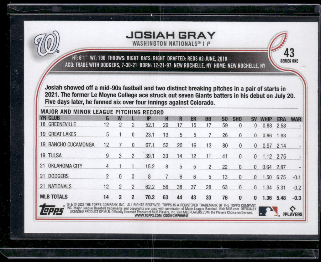 2022 Topps #43b Josiah Gray