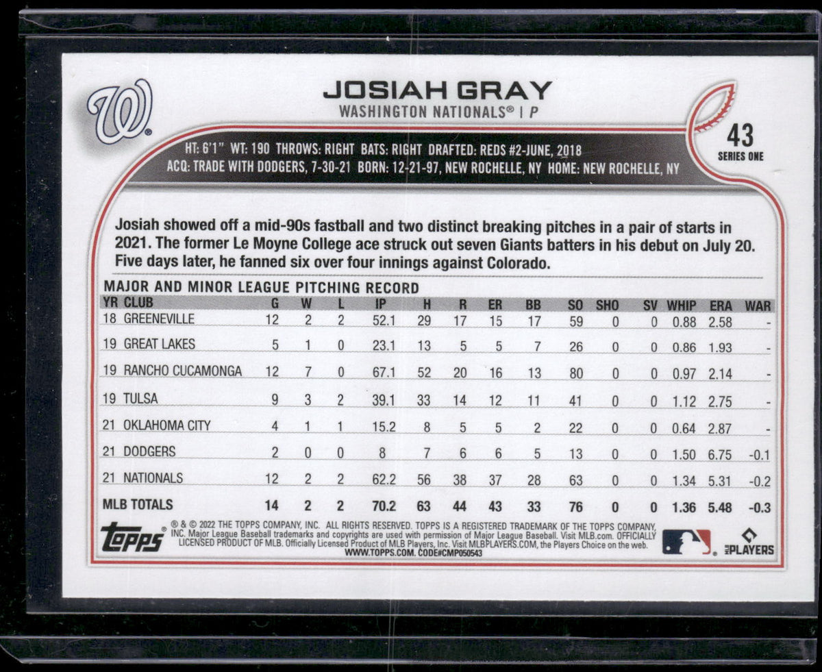 2022 Topps #43b Josiah Gray