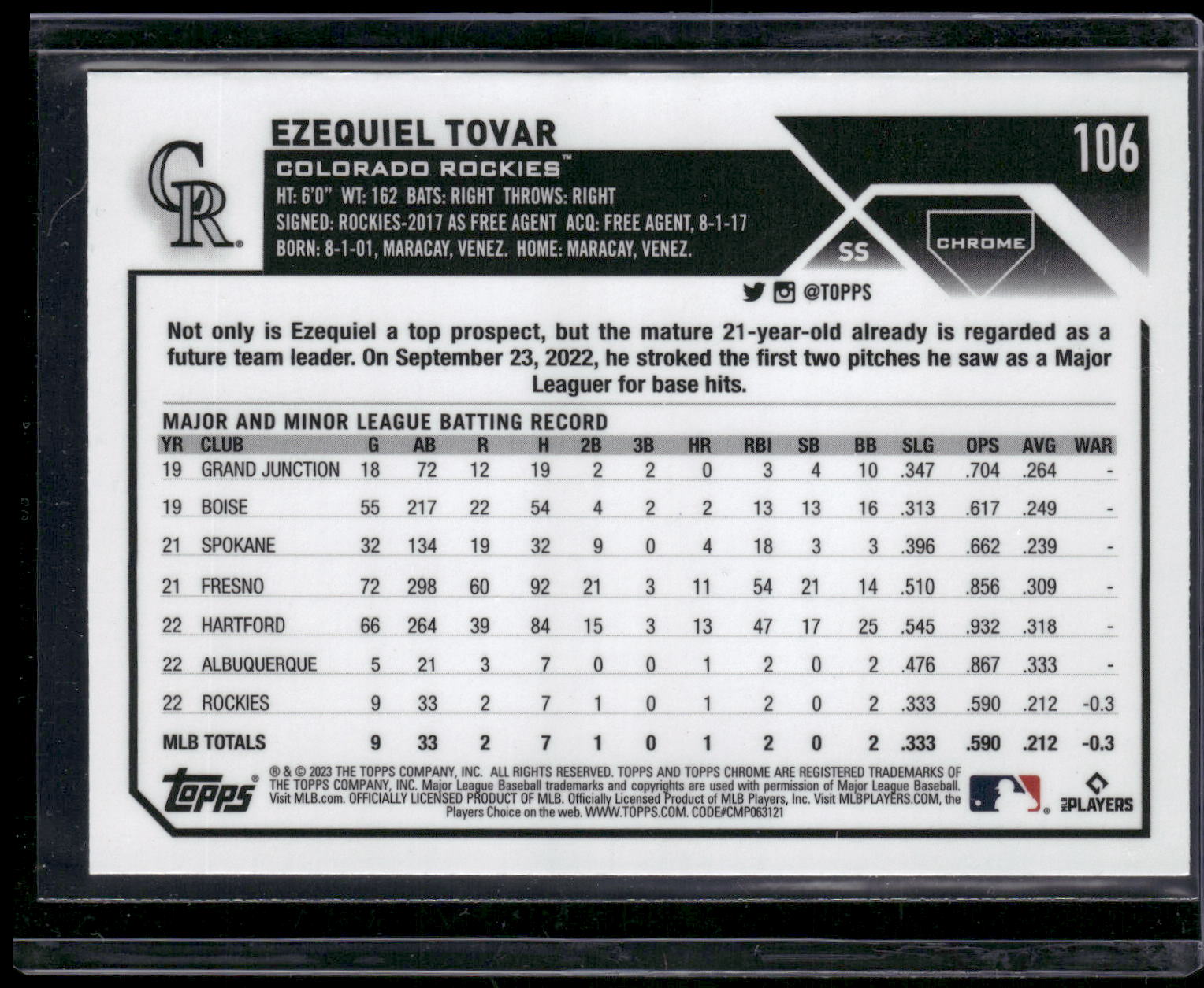 2023 Topps Chrome #106 Ezequiel Tovar