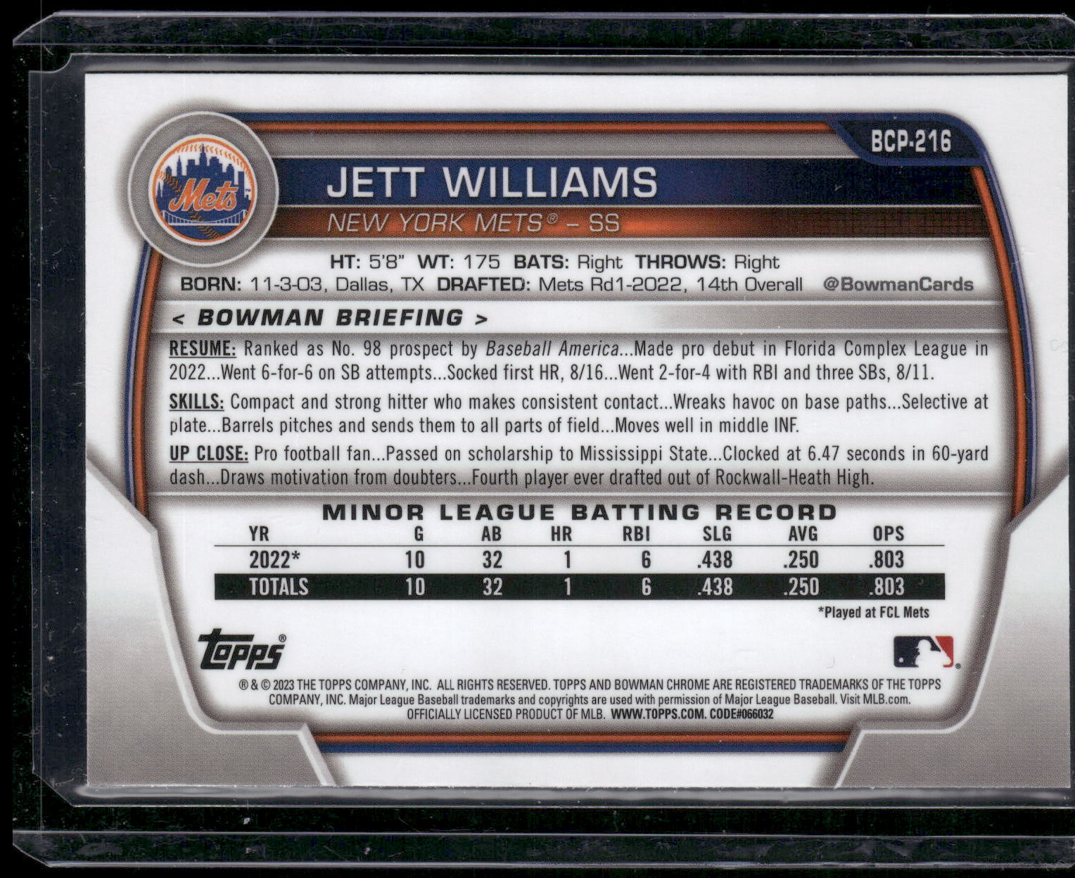 2023 Bowman Chrome #BCP-216 Jett Williams Prospects Mojo Refractor
