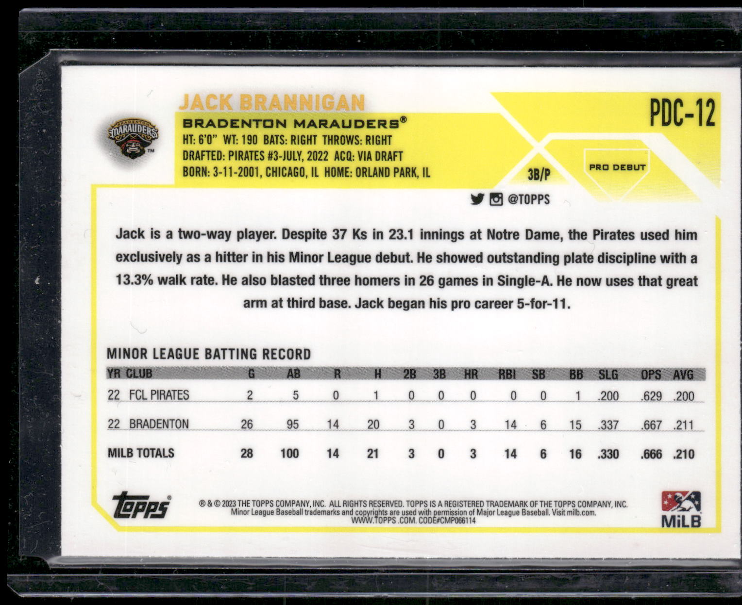 2023 Topps Pro Debut #PDC-12 Jack Brannigan Chrome