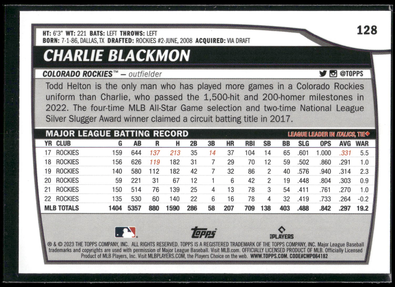 2023 Topps Big League #128 Charlie Blackmon