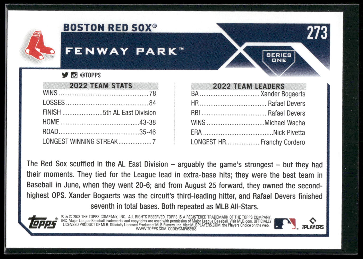 2023 Topps #273 Boston Red Sox