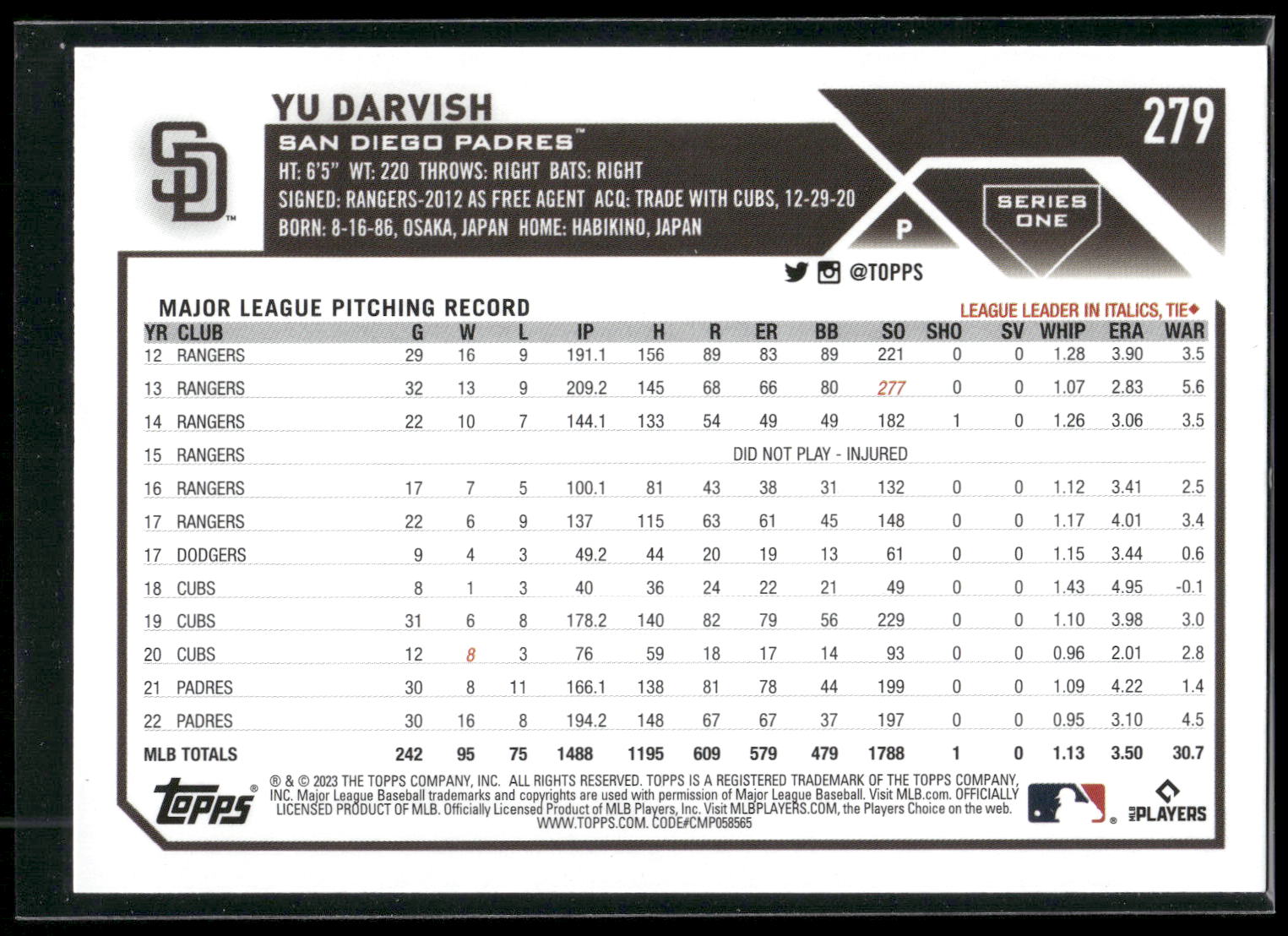 2023 Topps #279 Yu Darvish