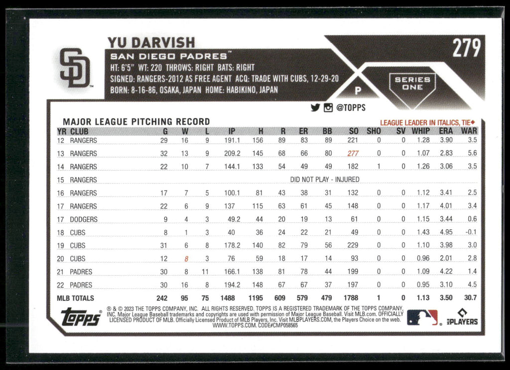 2023 Topps #279 Yu Darvish