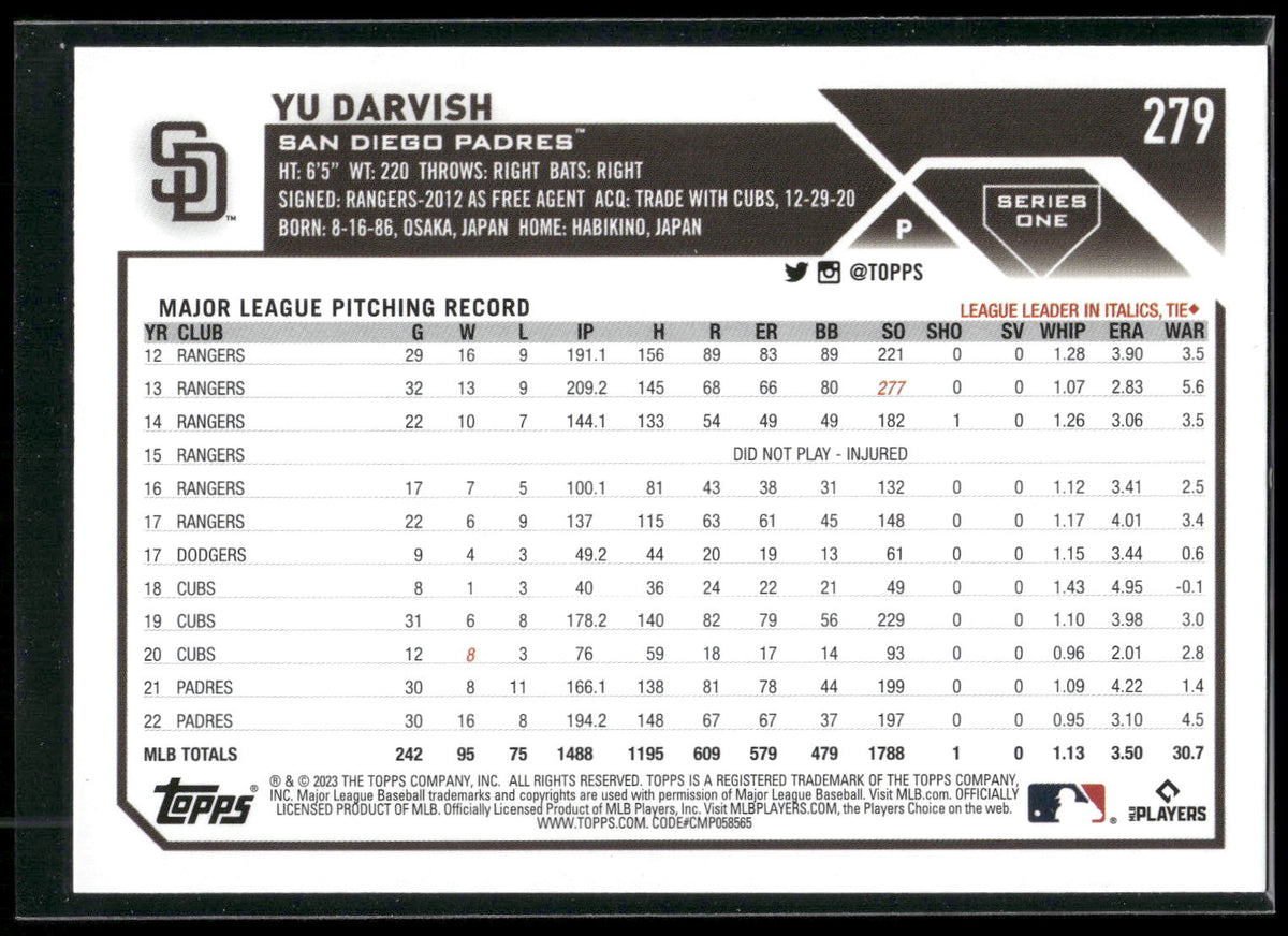 2023 Topps #279 Yu Darvish