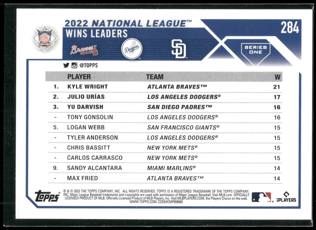 2023 Topps #284 NL Wins Leaders (Kyle Wright / Julio Urías / Yu Darvish)