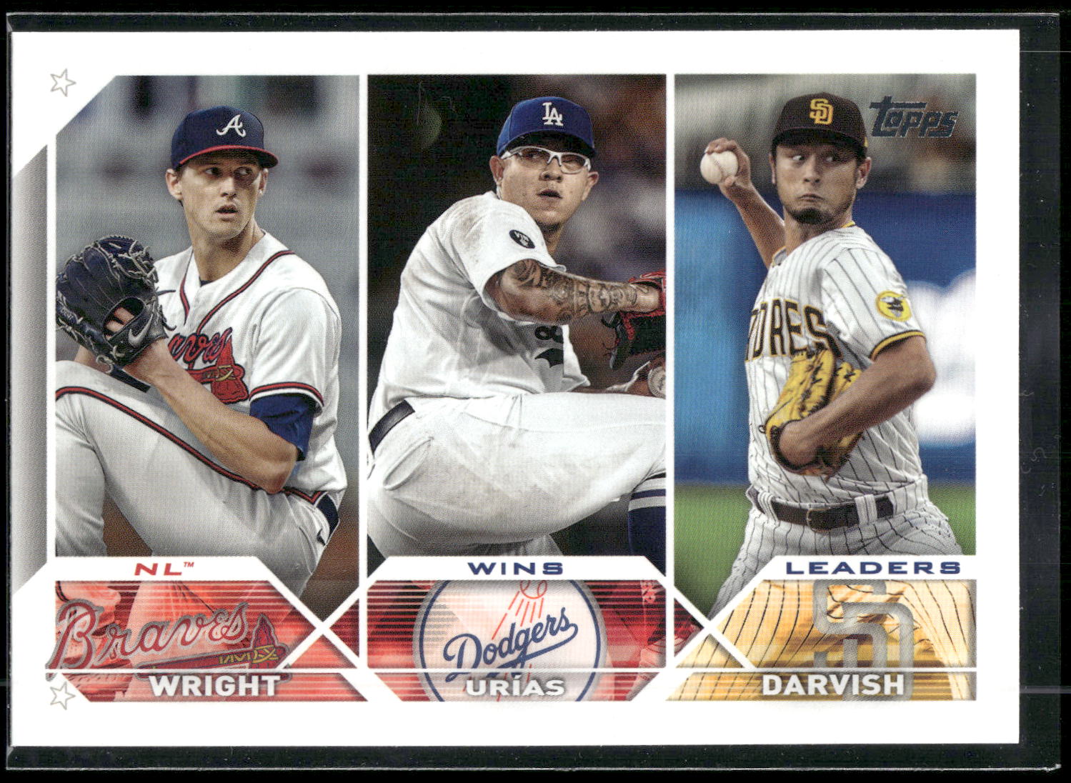 2023 Topps #284 NL Wins Leaders (Kyle Wright / Julio Urías / Yu Darvish)