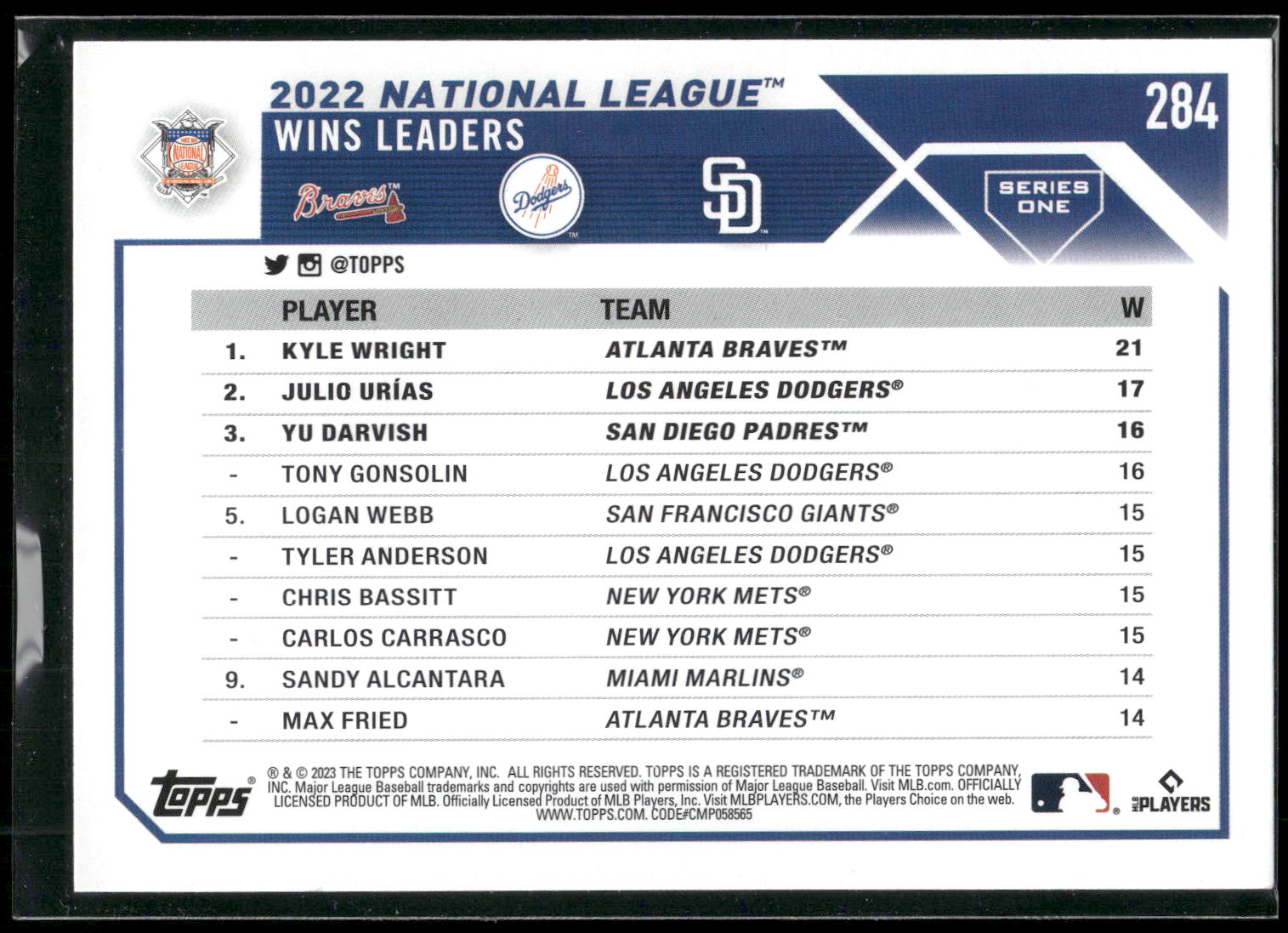 2023 Topps #284 NL Wins Leaders (Kyle Wright / Julio Urías / Yu Darvish)