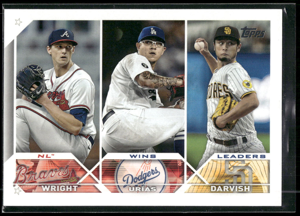 2023 Topps #284 NL Wins Leaders (Kyle Wright / Julio Urías / Yu Darvish)
