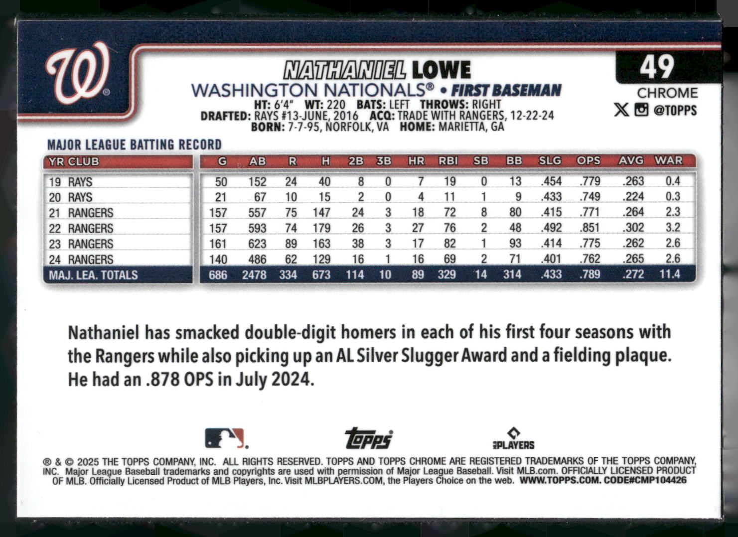 2025 Topps Chrome #49 Nathaniel Lowe Sepia Refractors