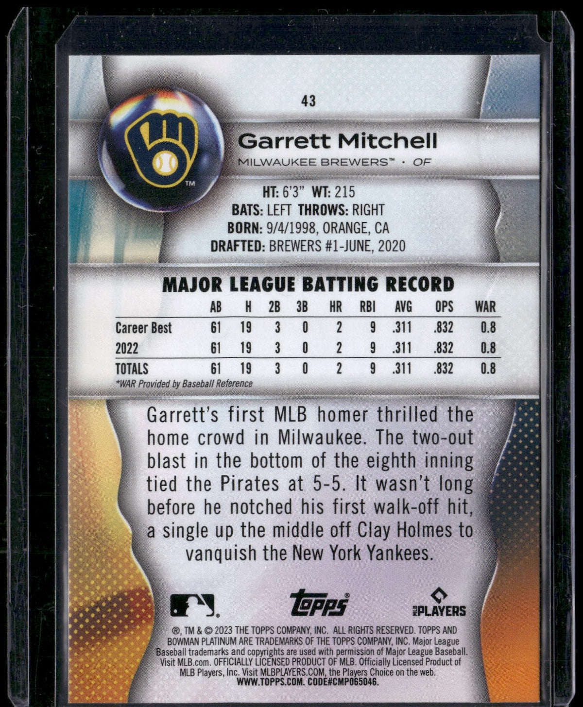 2023 Bowman Platinum #43 Garrett Mitchell