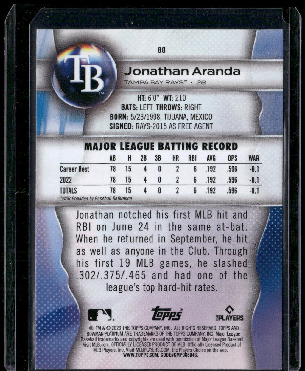 2023 Bowman Platinum #80 Jonathan Aranda