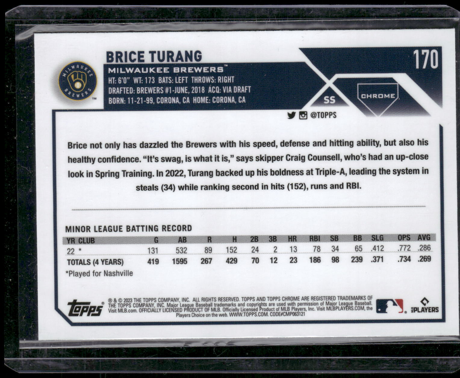 2023 Topps Chrome #170 Brice Turang Pink Refractors