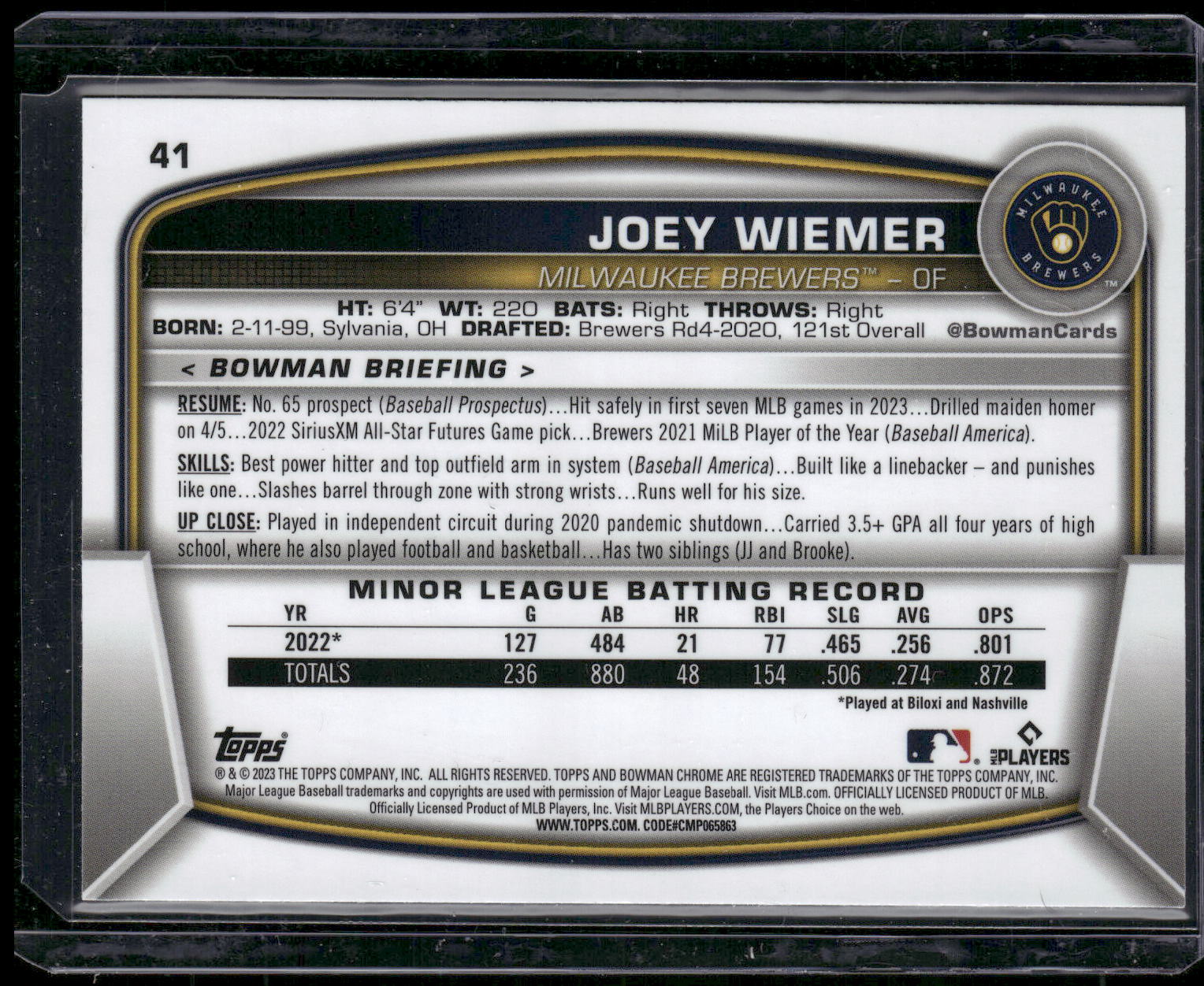 2023 Bowman Chrome #41 Joey Wiemer